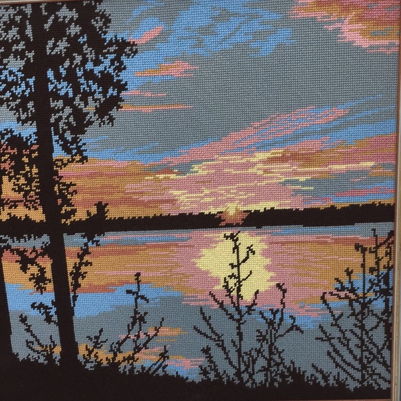 Needlepoint Sunset Cottage Waterfront Landscape Scene Trees Framed Art 26" x 22" - Picture 3 of 11